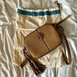 Tory Burch McGraw Leather Camera Crossbody Bag chestnut color with gold hardware